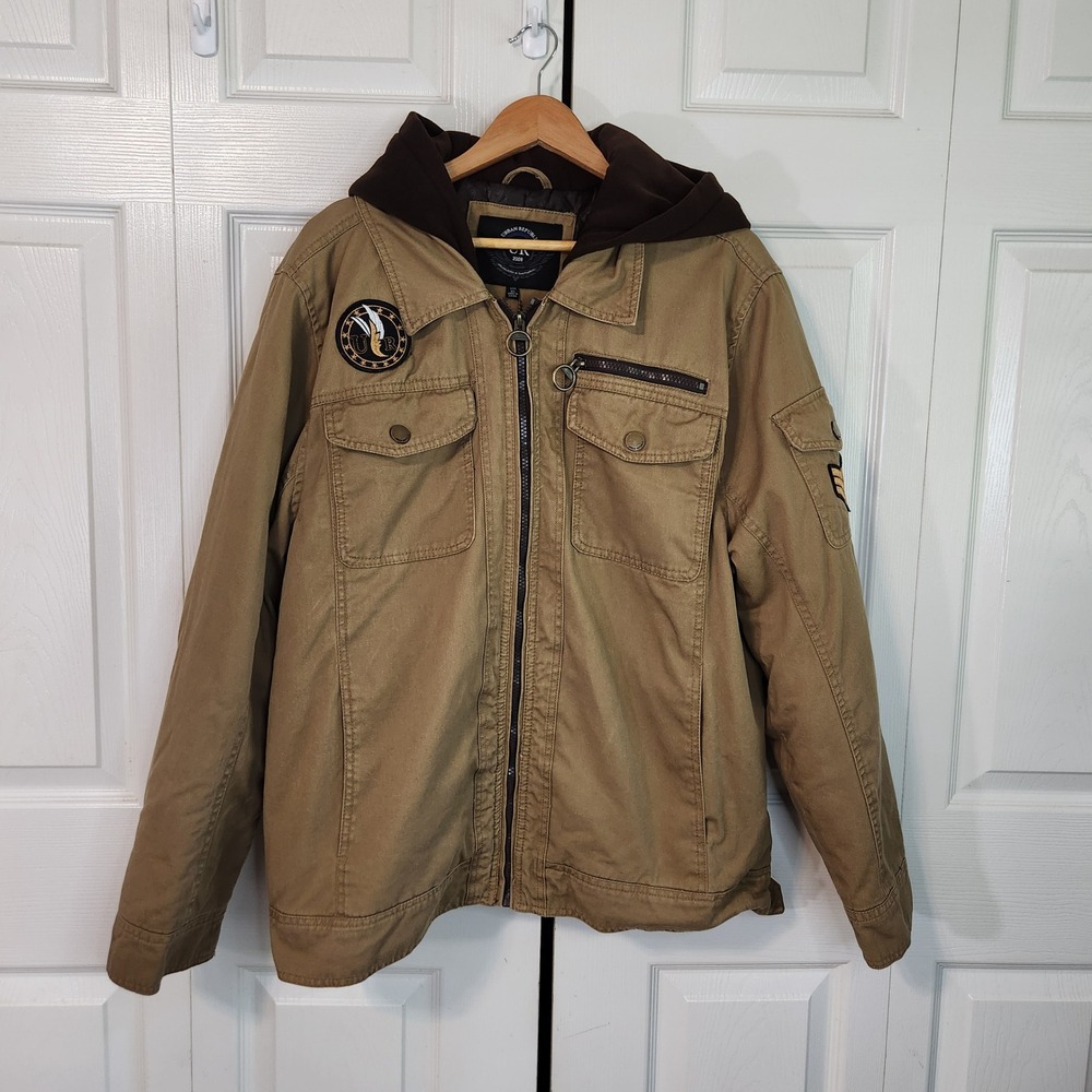 Urban Republic Mens XL Khaki Tan Utility Field Jacket Brown Hood Quilted Lining